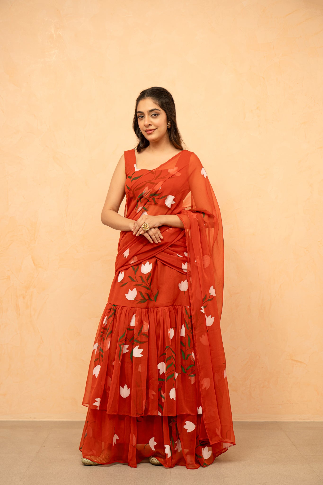 SHIKHA ORANGE HANDPAINTED READY-TO-WEAR SAREE