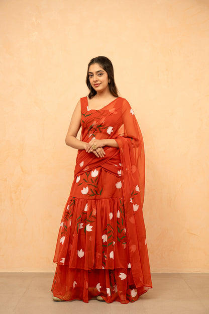 SHIKHA ORANGE HANDPAINTED READY-TO-WEAR SAREE