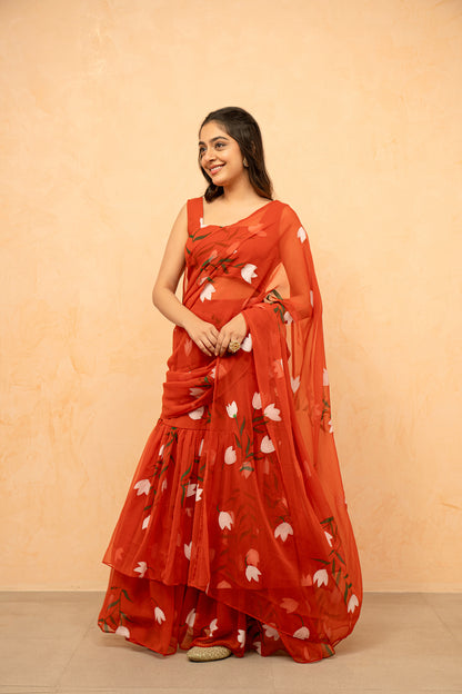 SHIKHA ORANGE HANDPAINTED READY-TO-WEAR SAREE