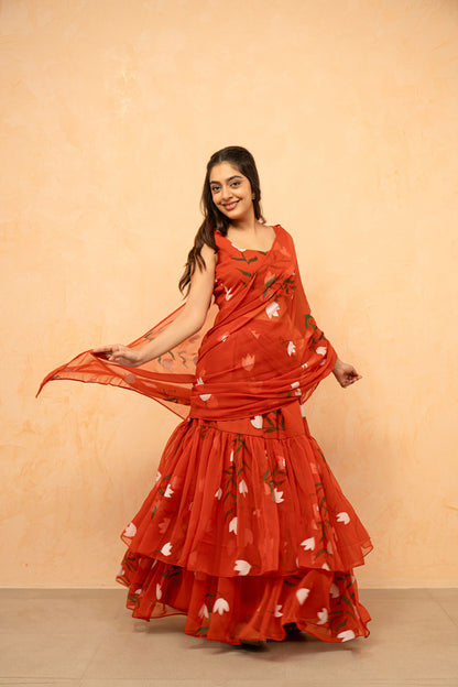 SHIKHA ORANGE HANDPAINTED READY-TO-WEAR SAREE