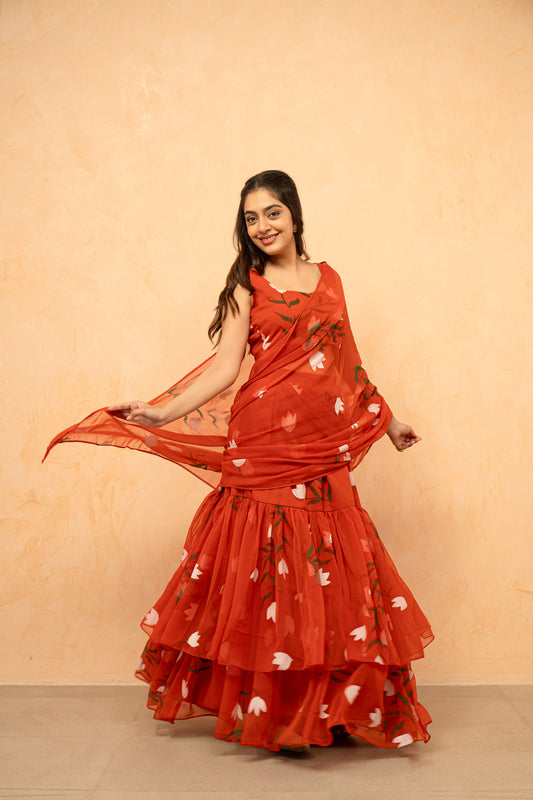 SHIKHA ORANGE HANDPAINTED READY-TO-WEAR SAREE