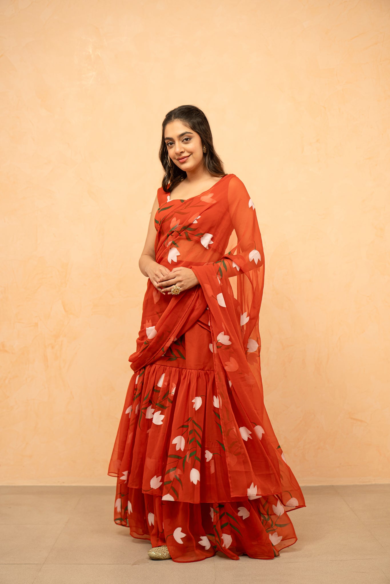 SHIKHA ORANGE HANDPAINTED READY-TO-WEAR SAREE
