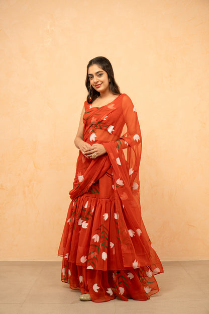 SHIKHA ORANGE HANDPAINTED READY-TO-WEAR SAREE