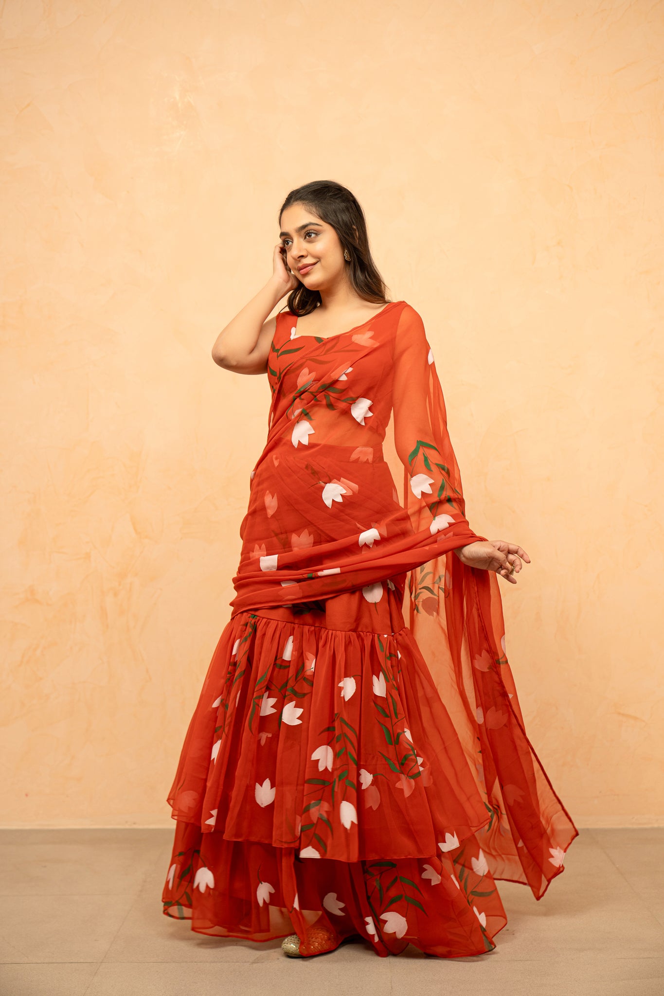 SHIKHA ORANGE HANDPAINTED READY-TO-WEAR SAREE