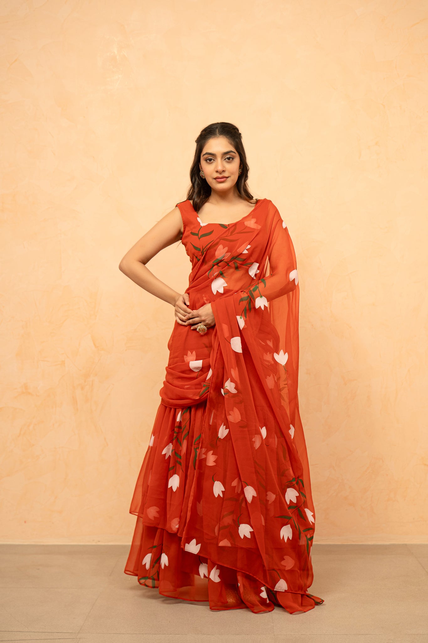 SHIKHA ORANGE HANDPAINTED READY-TO-WEAR SAREE