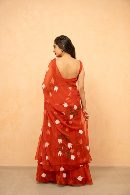SHIKHA ORANGE HANDPAINTED READY-TO-WEAR SAREE