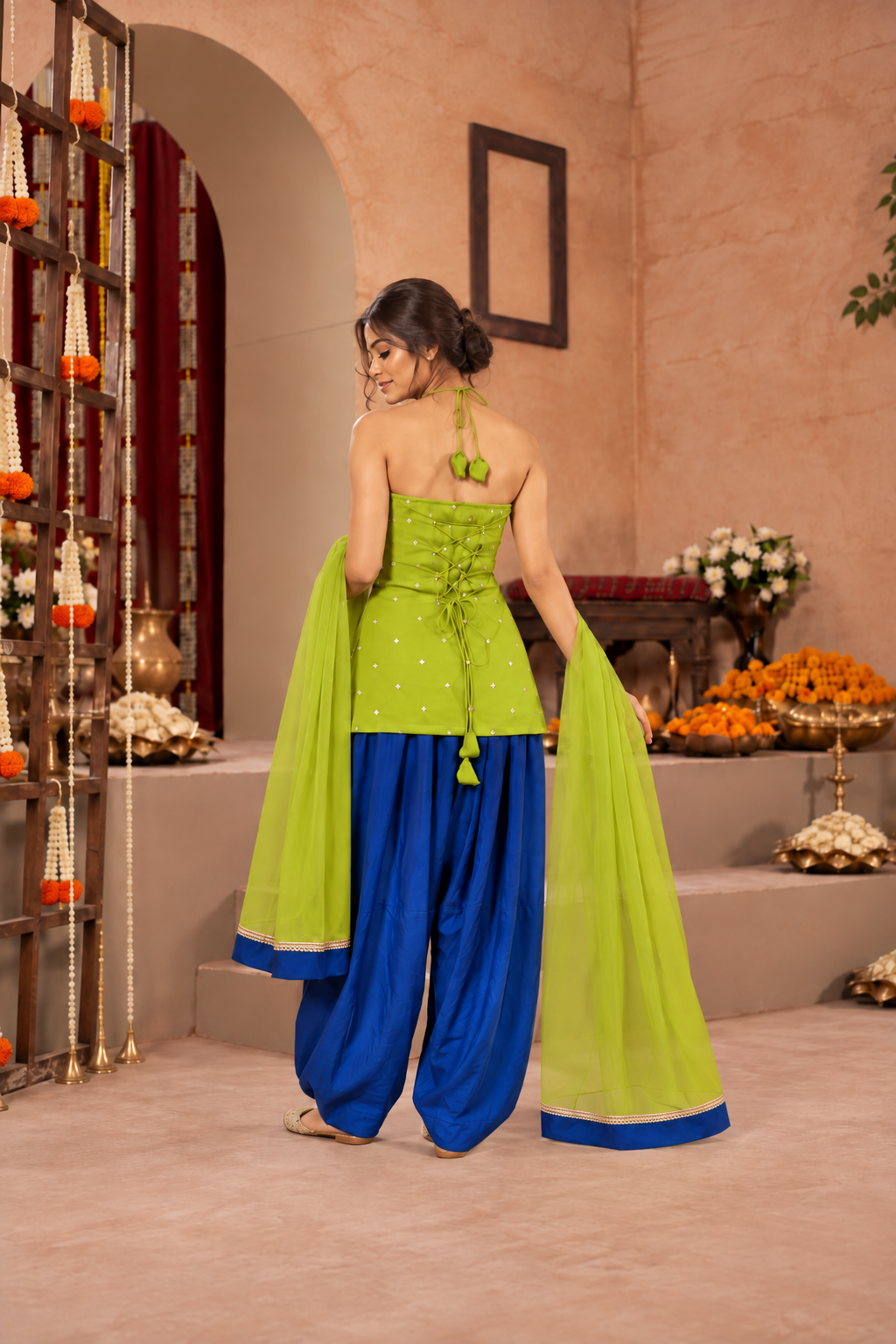 VAGMITA LIME GREEN BLUE EMBELLISHED FARSHI SET