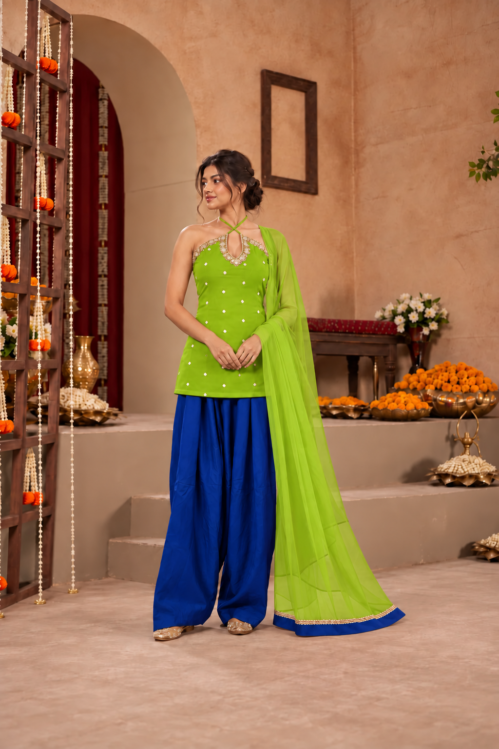 VAGMITA LIME GREEN BLUE EMBELLISHED FARSHI SET
