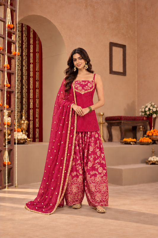 SHRUTI PINK BROCADE COLOR BLOCK FARSHI SET