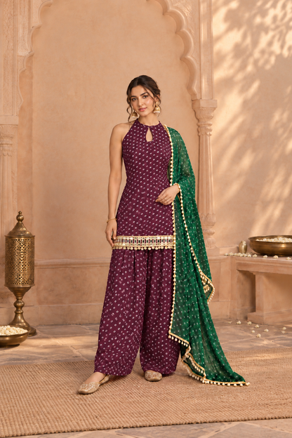 ERAM WINE BANDHEJ MIRROR WORK FARSHI SET