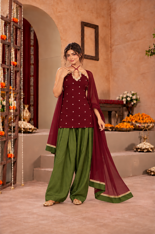 REVATI BURGUNDY OLIVE GREEN EMBELLISHED FARSHI SET