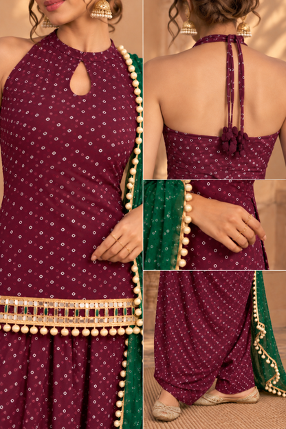 ERAM WINE BANDHEJ MIRROR WORK FARSHI SET