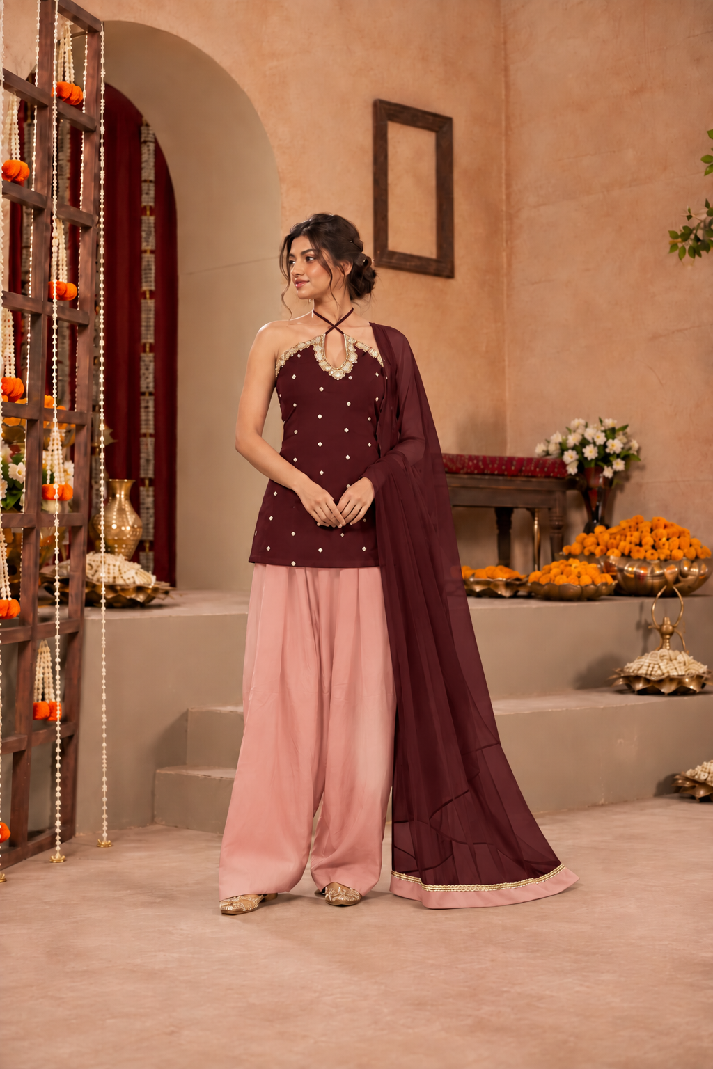 SHALINI WINE BLUSH PINK EMBELLISHED FARSHI SET