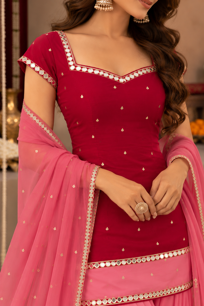 DEEPALI RUBY RED AND PINK COLOR BLOCK FARSHI SET