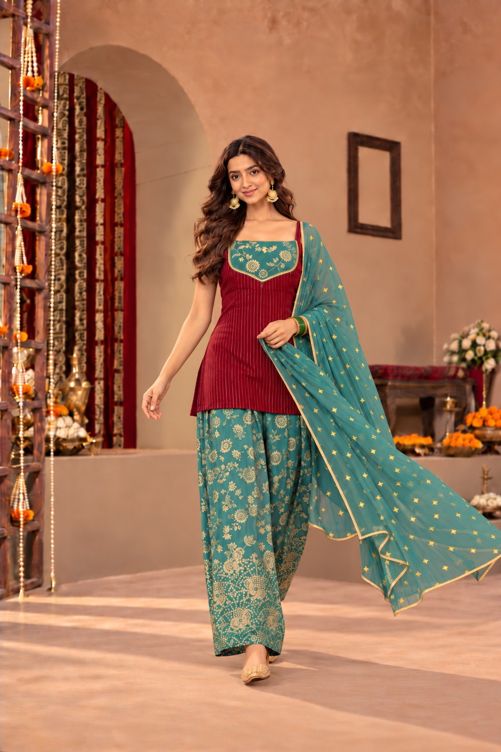 VIDYA MAROON TEAL BROCADE COLOR BLOCK FARSHI SET