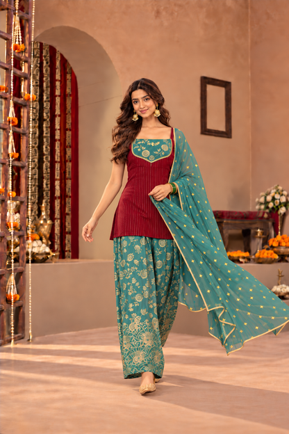 VIDYA MAROON TEAL BROCADE COLOR BLOCK FARSHI SET
