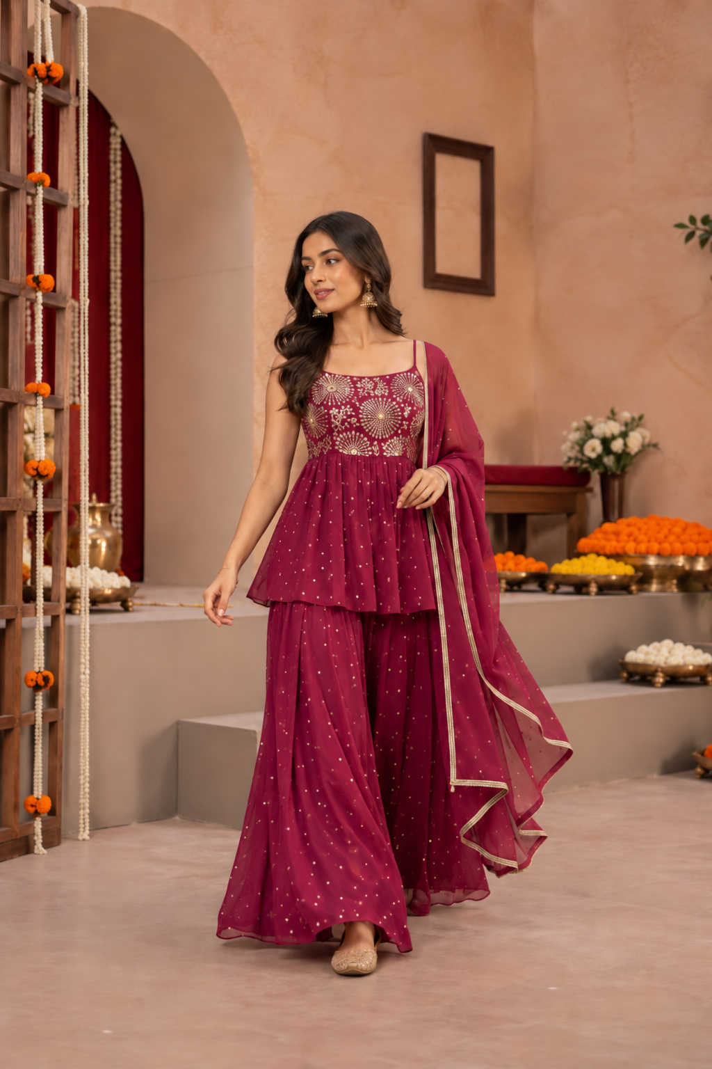 HRIDYA BURGUNDY SHARARA SET