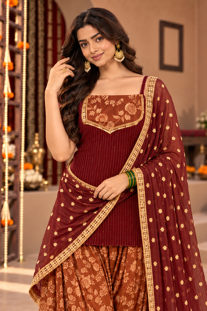 VIDYA MAROON RUST BROCADE COLOR BLOCK FARSHI SET