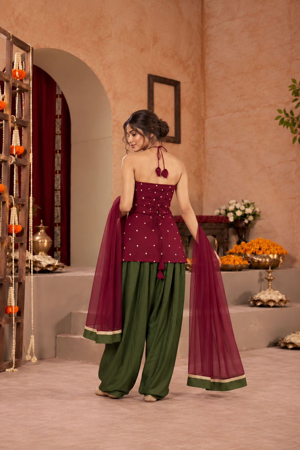 REVATI BURGUNDY OLIVE GREEN EMBELLISHED FARSHI SET