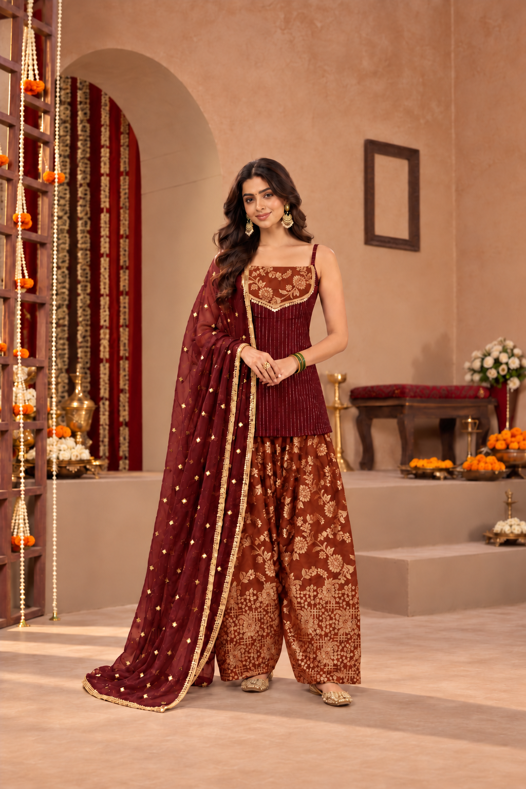 VIDYA MAROON RUST BROCADE COLOR BLOCK FARSHI SET