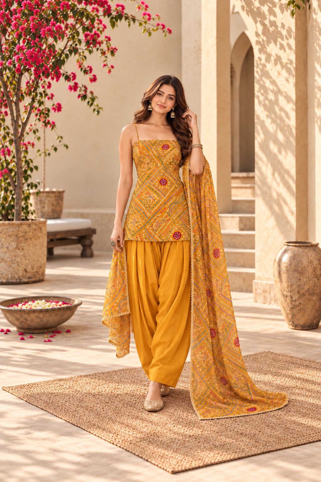 RENUKA YELLOW BANDHEJ FARSHI SET