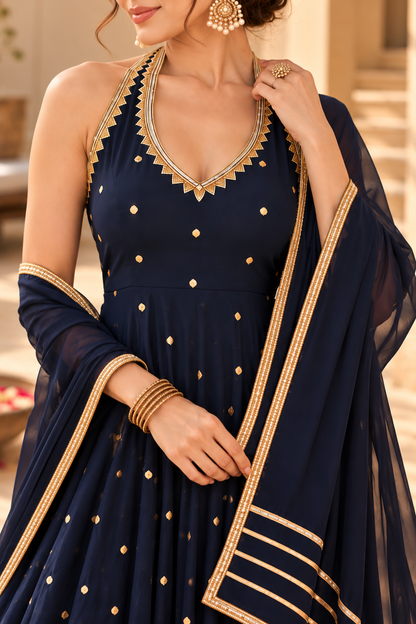 AARTHA NAVY BLUE HALTER NECK ANARKALI SET