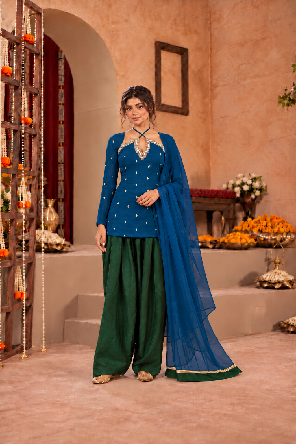 SHANAYA PEACOCK BLUE GREEN EMBELLISHED FARSHI SET