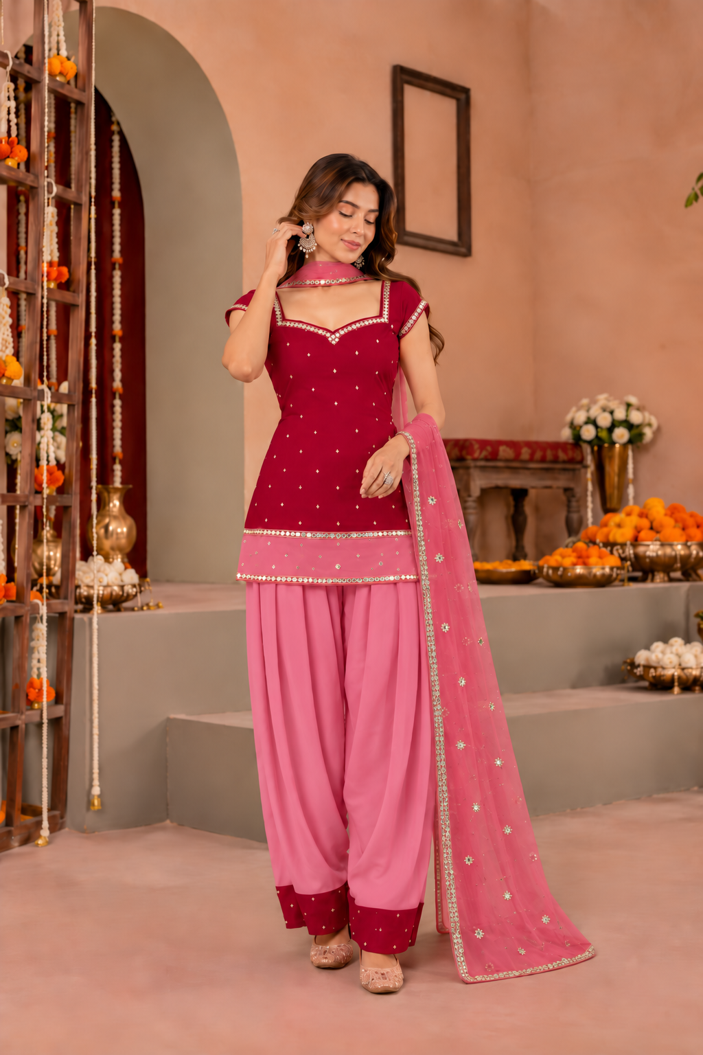 DEEPALI RUBY RED AND PINK COLOR BLOCK FARSHI SET