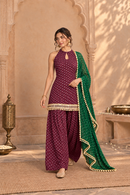 ERAM WINE BANDHEJ MIRROR WORK FARSHI SET