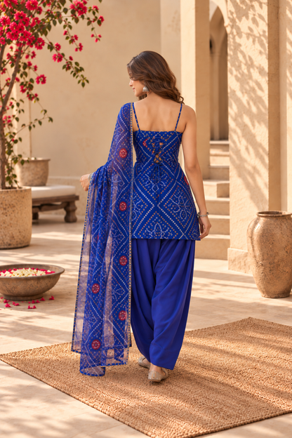 JIGISHA BLUE BANDHEJ FARSHI SET