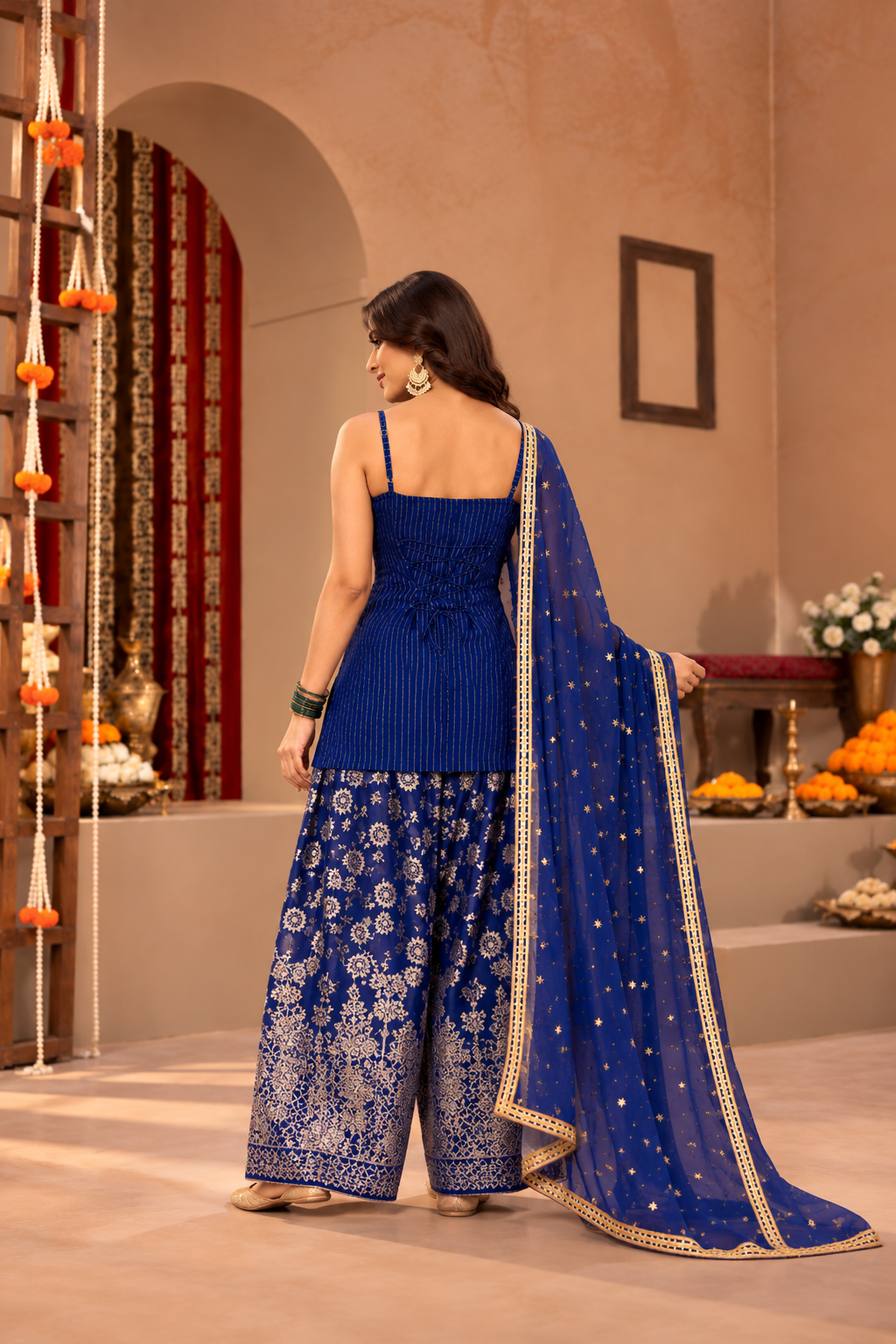 SRISHTI BLUE BROCADE COLOR BLOCK FARSHI SET
