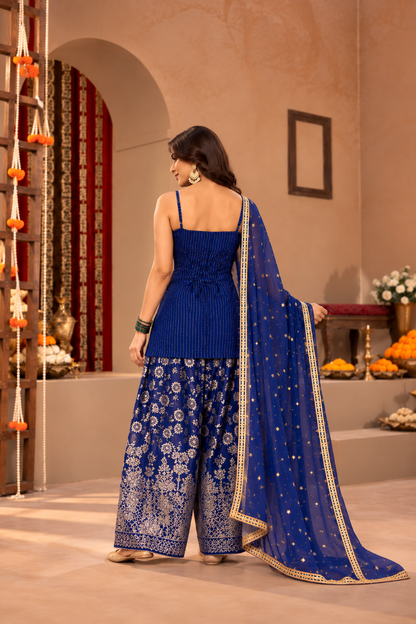 SRISHTI BLUE BROCADE COLOR BLOCK FARSHI SET