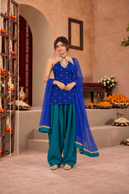 MRINMAI COBALT BLUE PEACOCK BLUE EMBELLISHED FARSHI SET