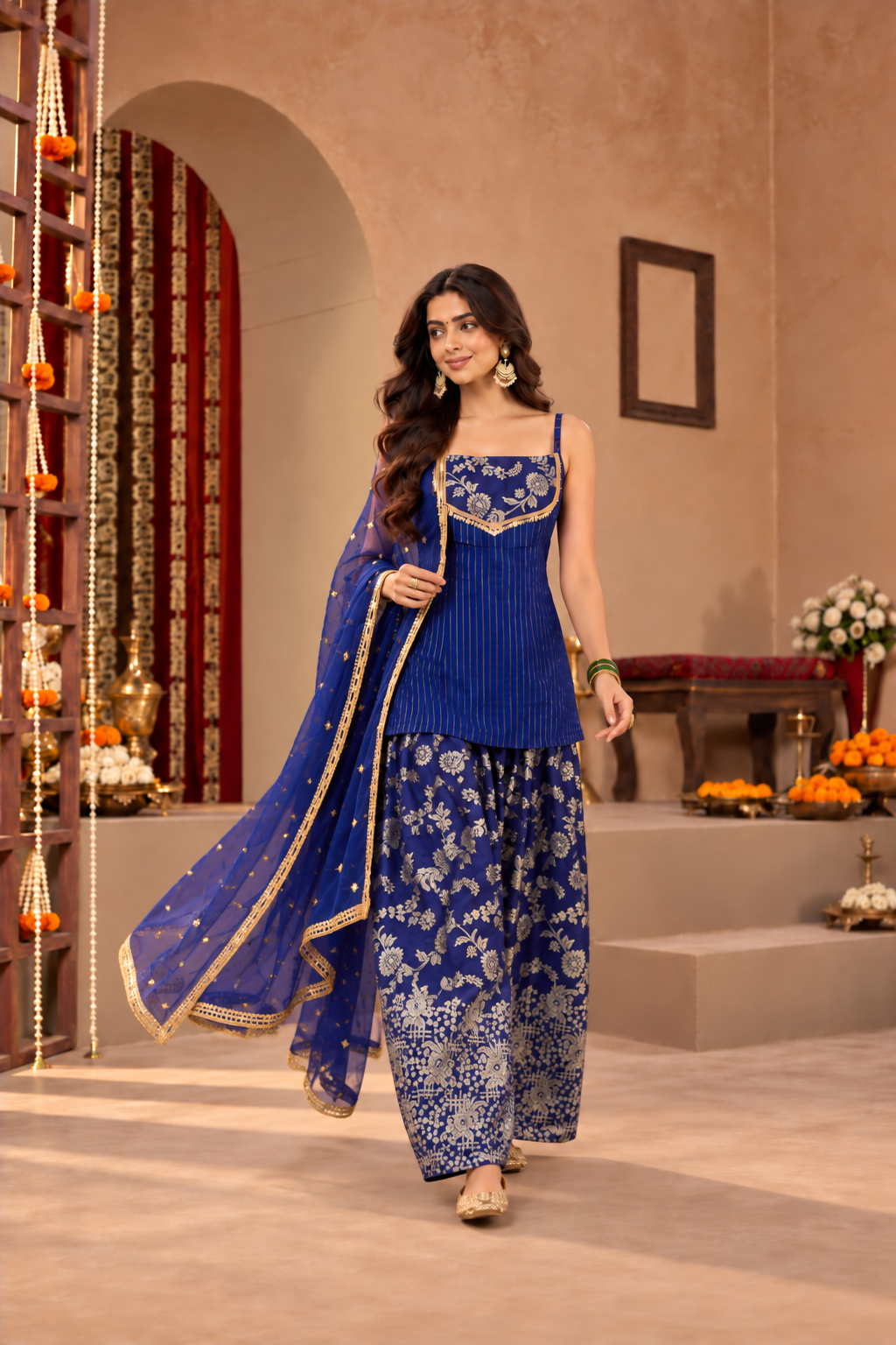 SRISHTI BLUE BROCADE COLOR BLOCK FARSHI SET