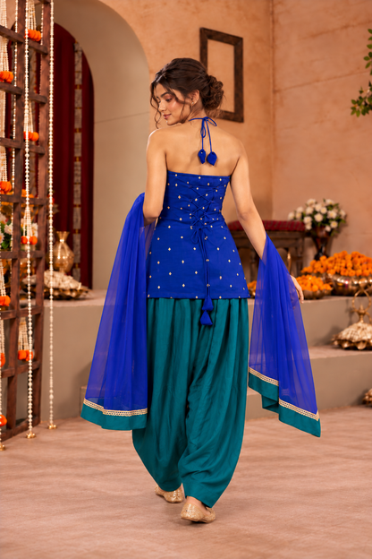 MRINMAI COBALT BLUE PEACOCK BLUE EMBELLISHED FARSHI SET