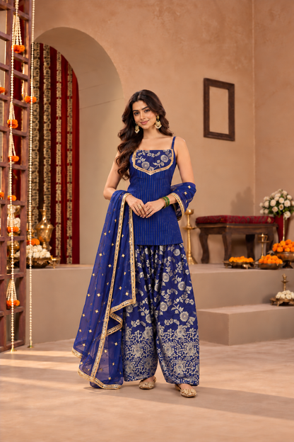 SRISHTI BLUE BROCADE COLOR BLOCK FARSHI SET