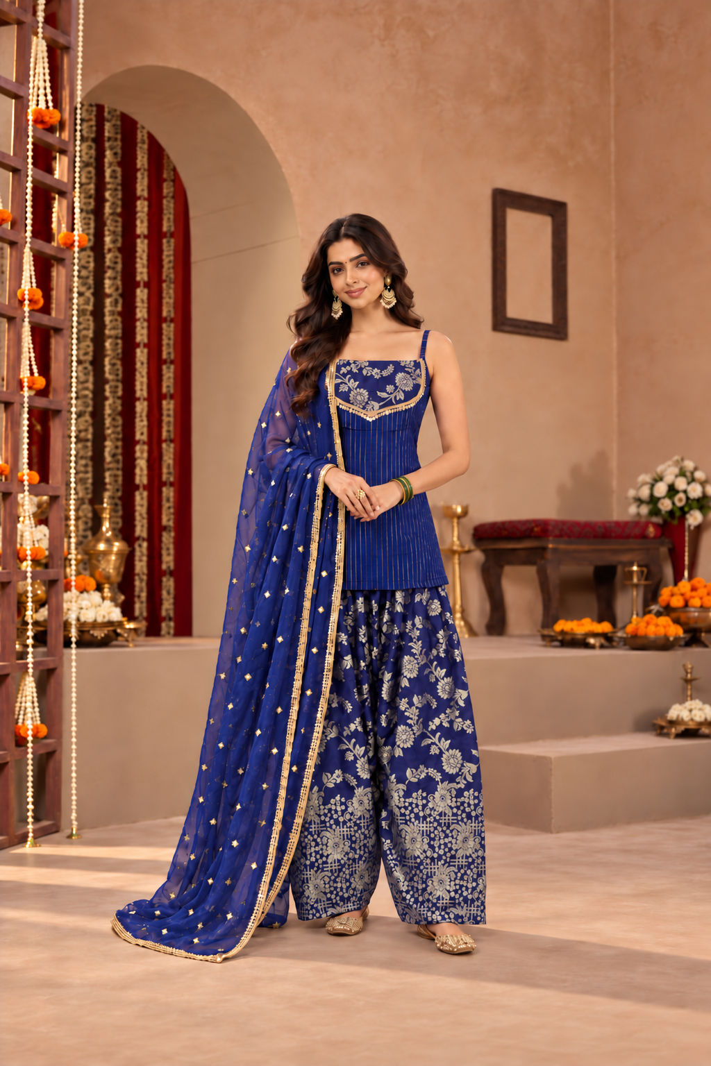 SRISHTI BLUE BROCADE COLOR BLOCK FARSHI SET