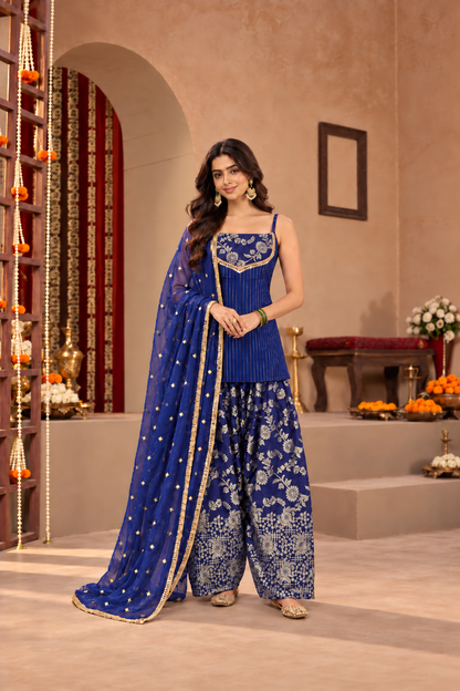 SRISHTI BLUE BROCADE COLOR BLOCK FARSHI SET