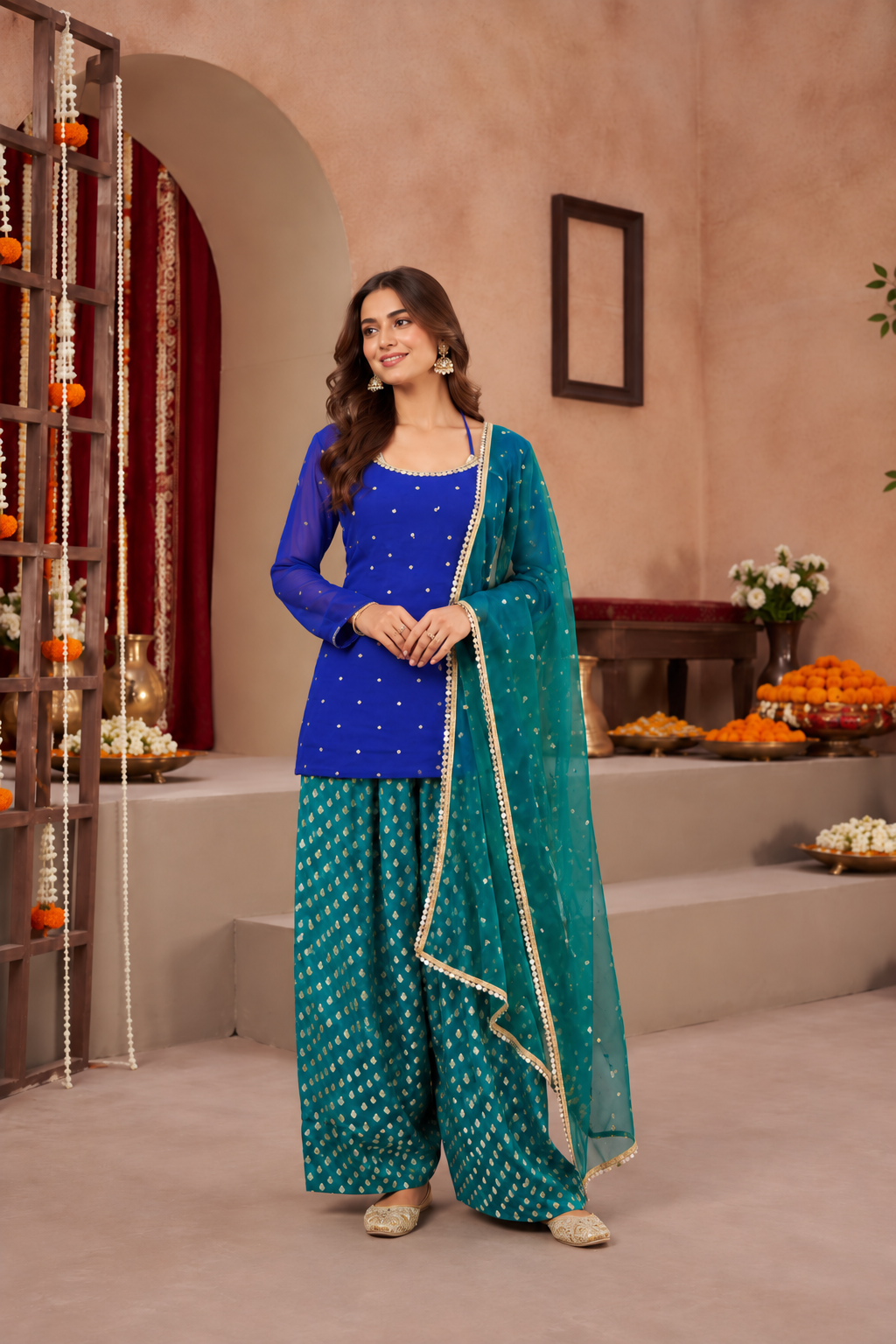 JAYA GREEN BLUE COLOR BLOCK FARSHI SET