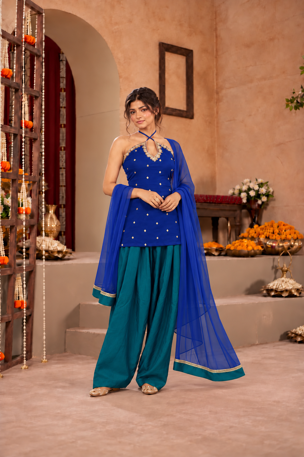 MRINMAI COBALT BLUE PEACOCK BLUE EMBELLISHED FARSHI SET