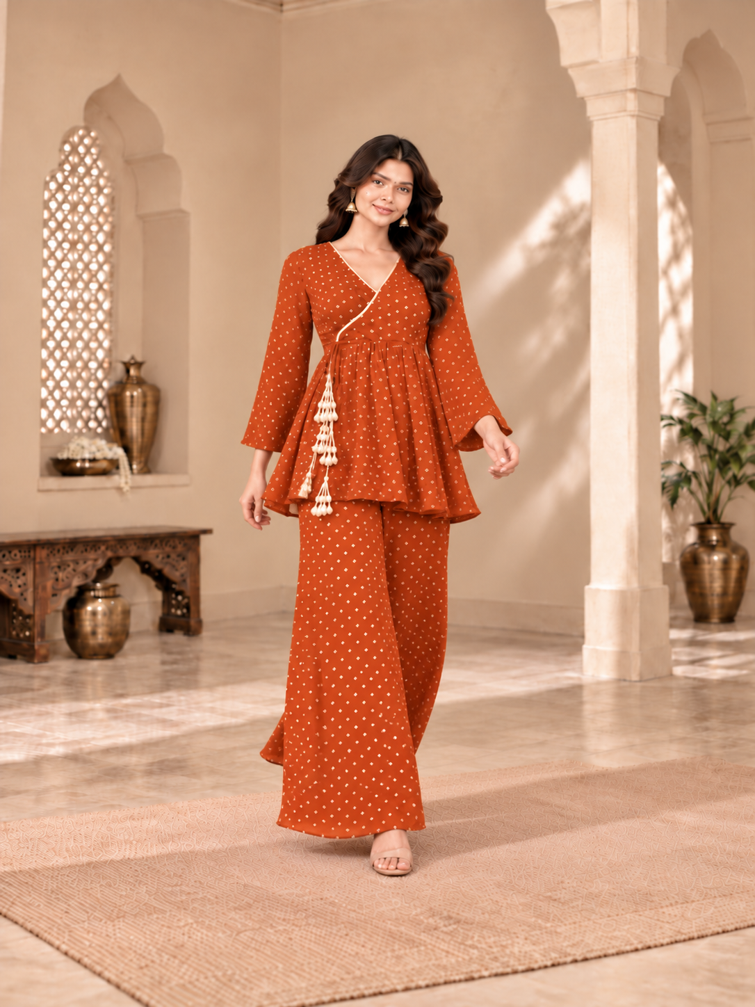 SHIPRA RUST BANDHEJ COORD SET