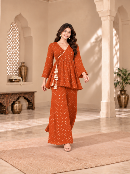 SHIPRA RUST BANDHEJ COORD SET