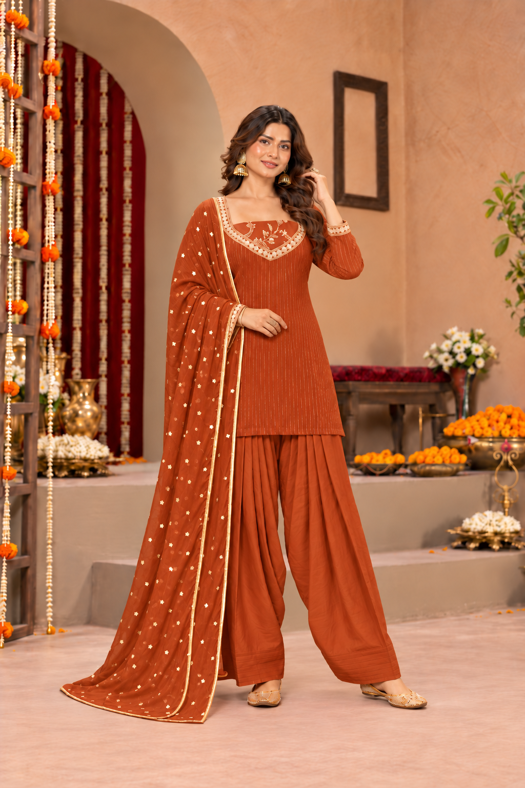 PARINEETI LUREX FUSION RUST FARSHI SET