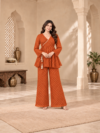 SHIPRA RUST BANDHEJ COORD SET
