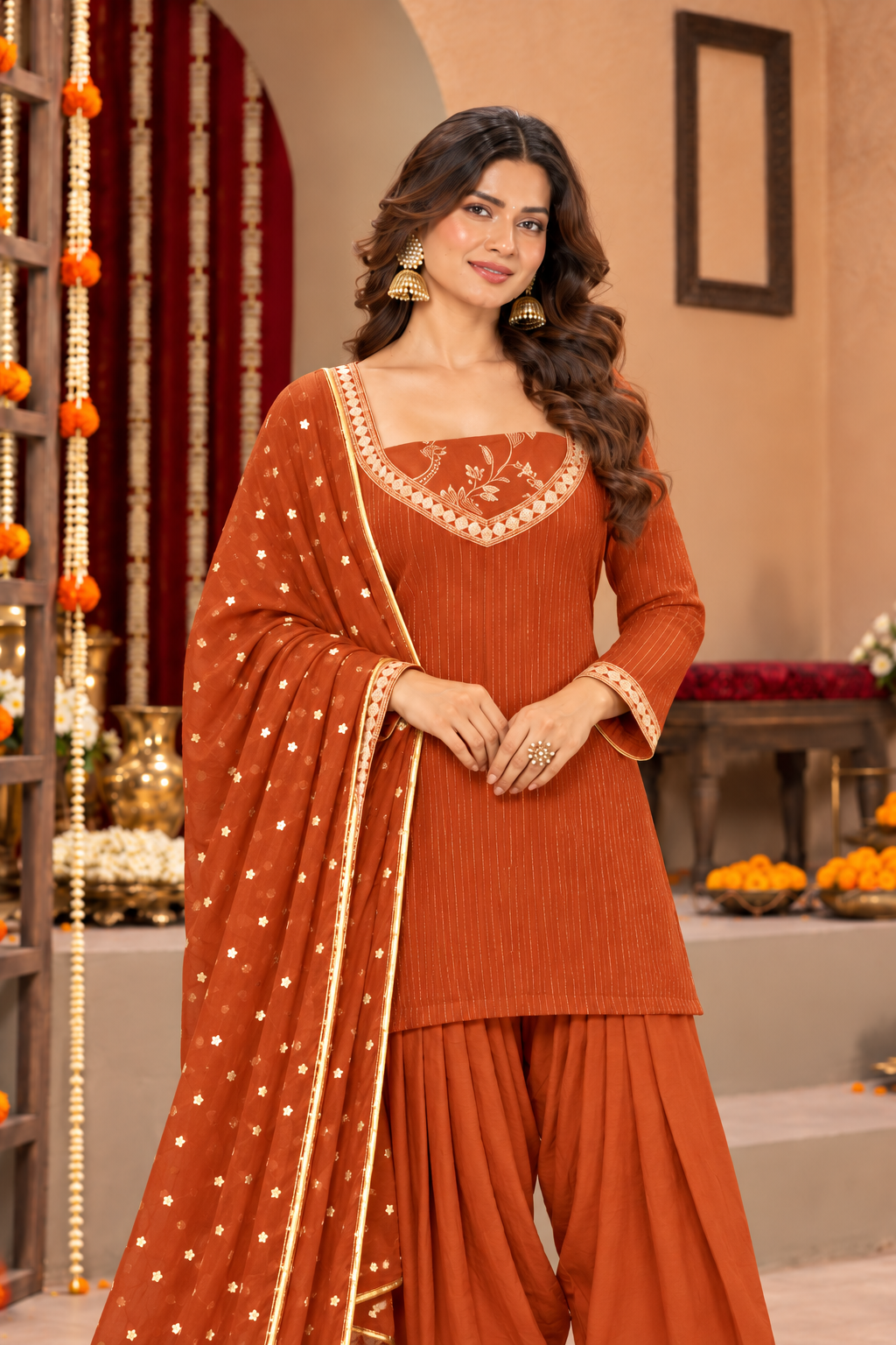PARINEETI LUREX FUSION RUST FARSHI SET