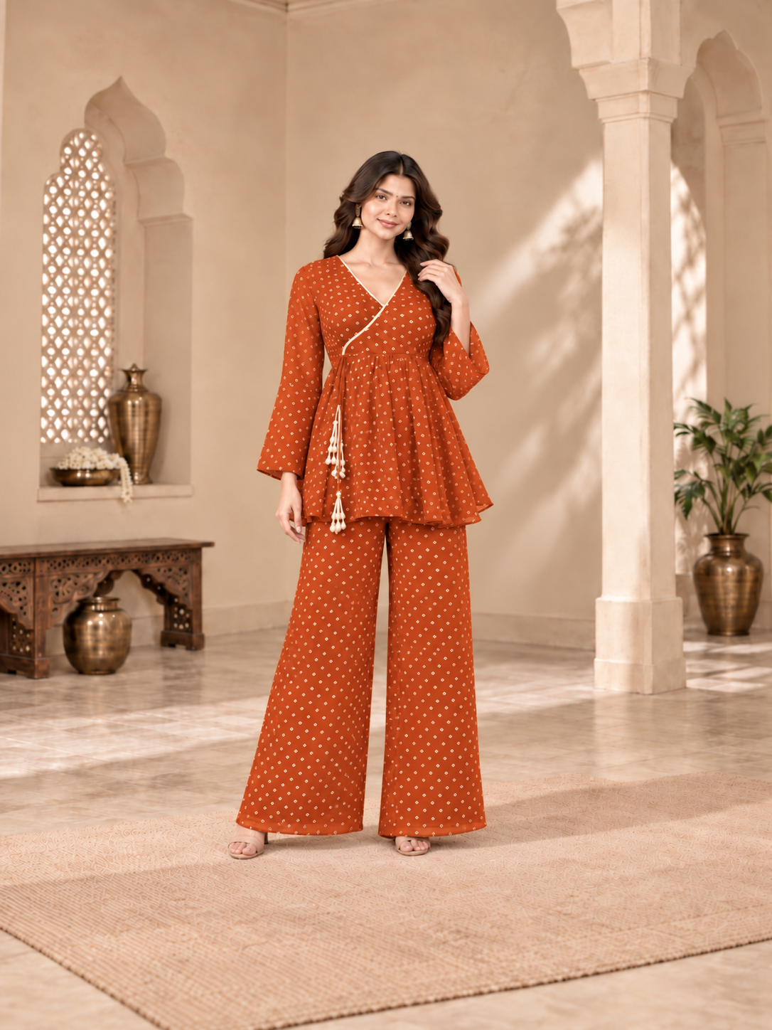 SHIPRA RUST BANDHEJ COORD SET