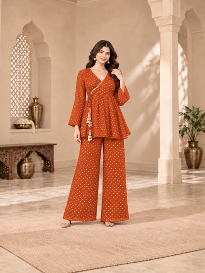 SHIPRA RUST BANDHEJ COORD SET