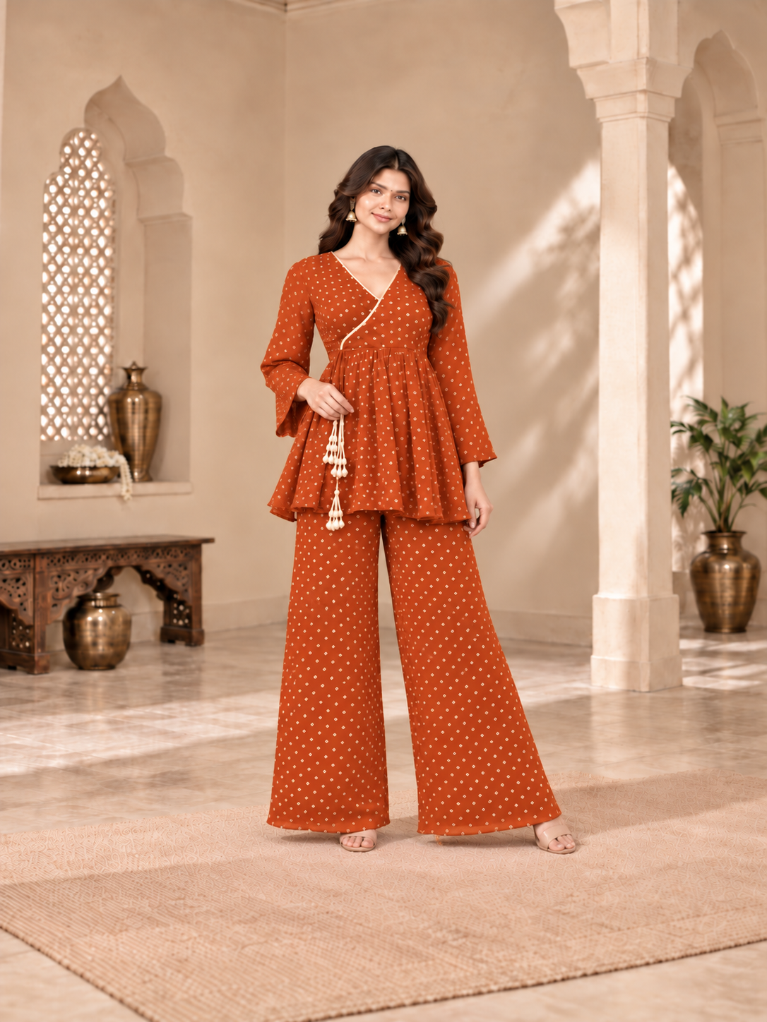 SHIPRA RUST BANDHEJ COORD SET