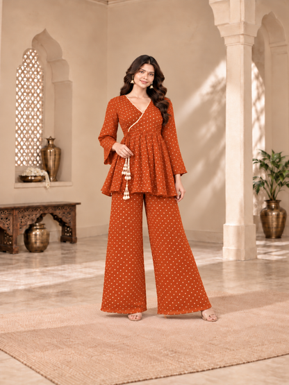 SHIPRA RUST BANDHEJ COORD SET