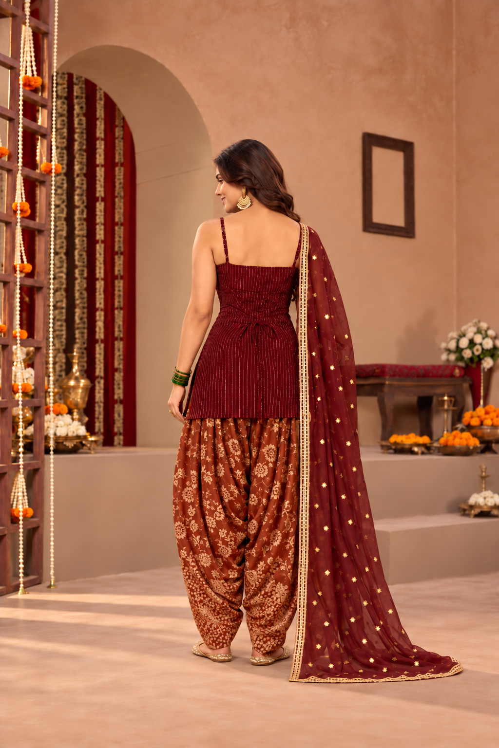 VIDYA MAROON RUST BROCADE COLOR BLOCK FARSHI SET